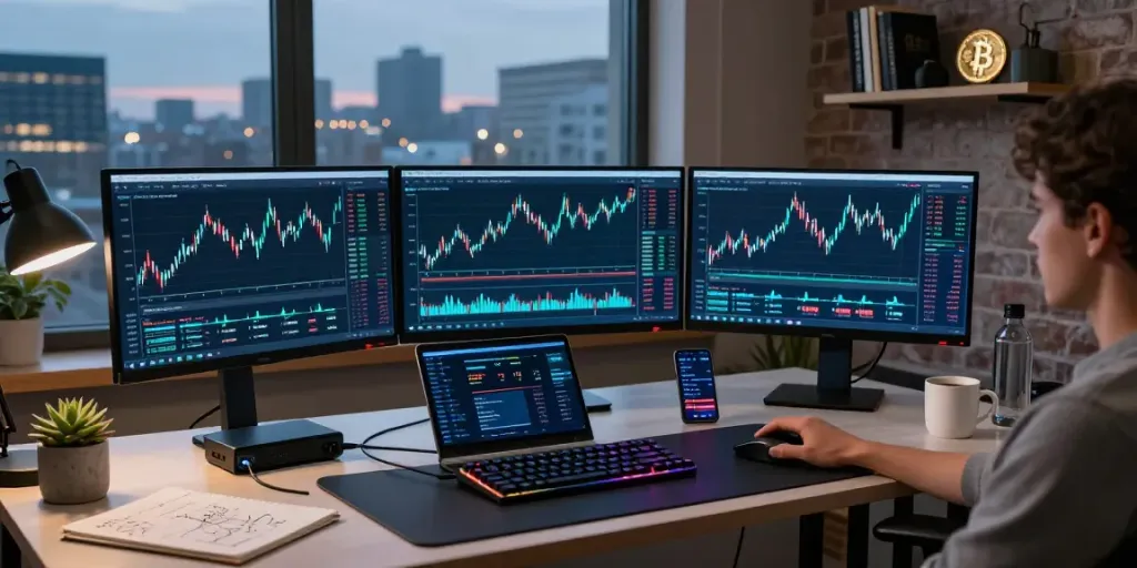 Bohemium AI crypto: Snímek profesionálního obchodního prostoru s kryptoměnami, ukazující grafy a nástroje pro analýzu.