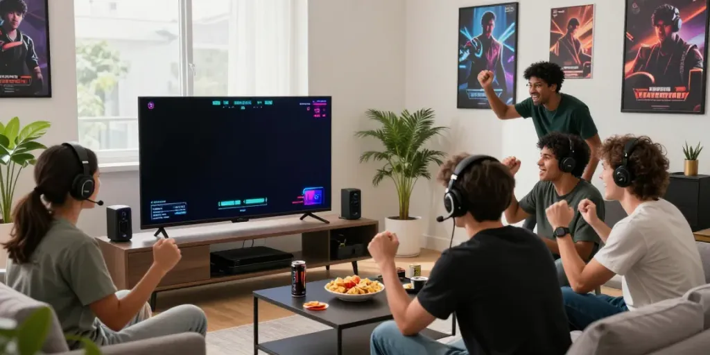 Online gaming excitement at https://ku88vt.com/ with friends in a lively living room.