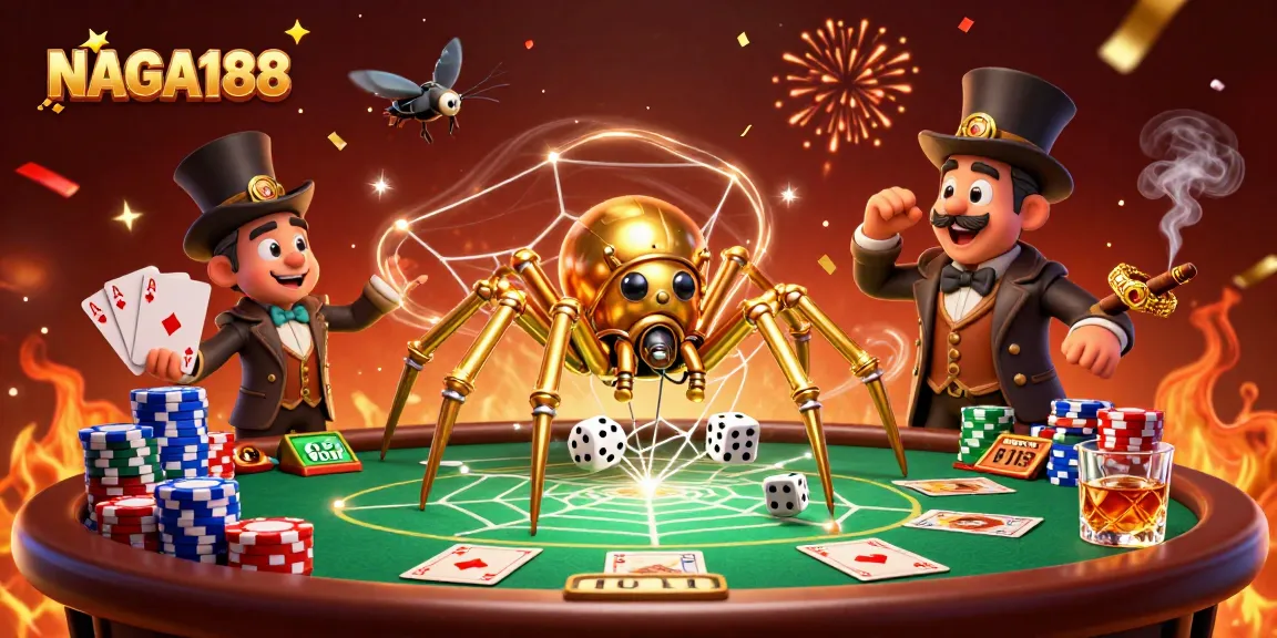 NAGA188 memikat dengan ilustrasi kasino 3D menakjubkan yang memperlihatkan laba-laba steampunk dan permainan poker yang mengesankan.