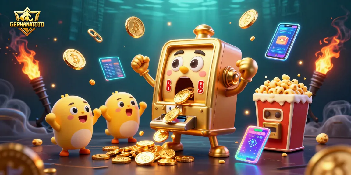 Mesin slot GERHANATOTO menyemburkan koin saat jackpot, dikelilingi oleh elemen kasino menarik.