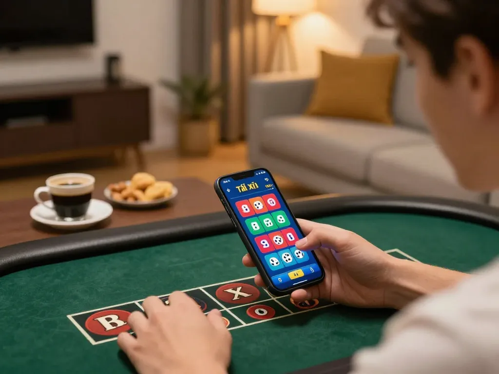 Engaging in app tài xỉu online uy tín gameplay on smartphone with vibrant interface at home