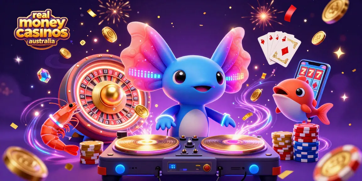 Experience the vibrant excitement of real money casinos Australia illustrated with a neon-themed underwater party scene.