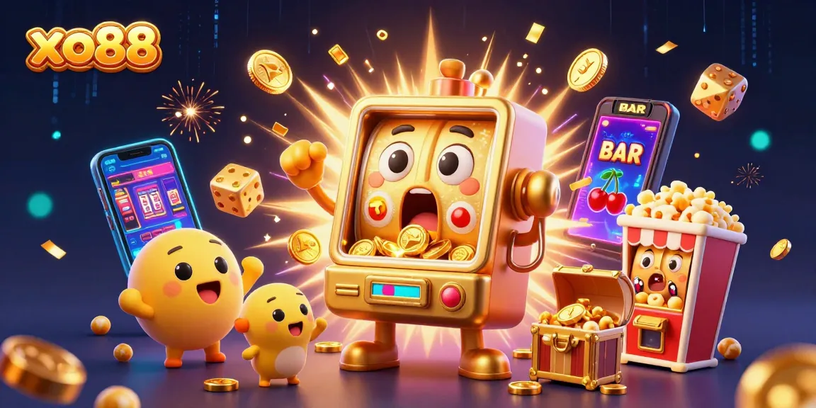 xo88 slot machine celebrates a jackpot with coins cascading in a vibrant casino scene.