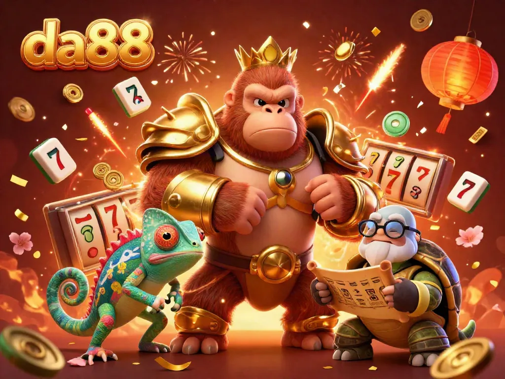Experience thrilling gaming adventures at da88 with a powerful gorilla king leading the fun amidst colorful casino elements.