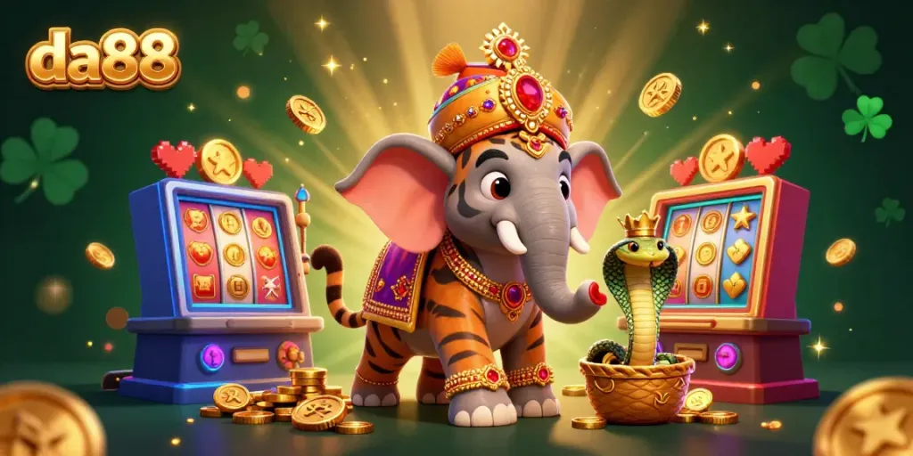 Engage with exciting slot games at da88 featuring a vibrant 3D casino scene with bold characters and glowing slot machines.
