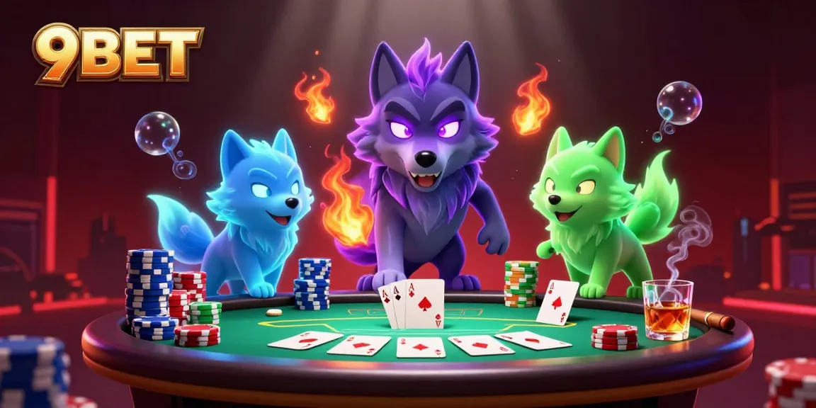 Join the excitement at 9BET with poker-themed visual featuring vibrant gaming elements.