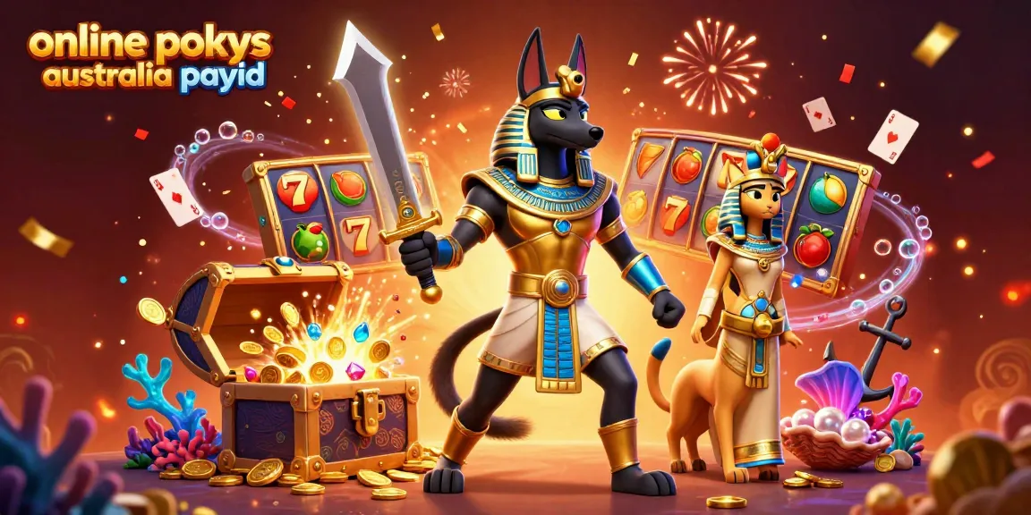 Spin the reels at online pokies Australia PayID, featuring Anubis and Bastet surrounded by treasures.