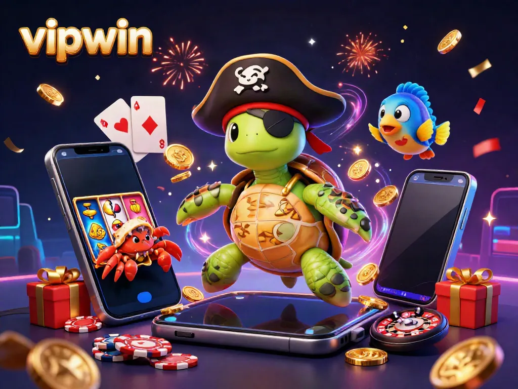 Experience the thrill of vipwin with an engaging scene featuring lively characters amidst vibrant casino elements.