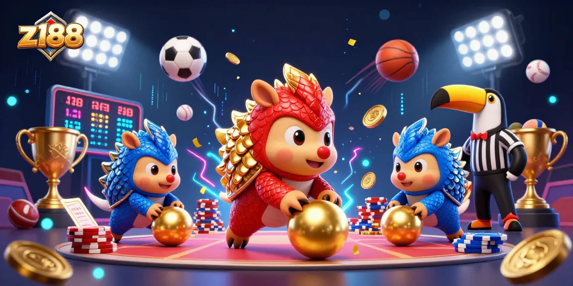 Experience thrilling gameplay at z188 with pangolins bowling through poker chips in a vibrant casino setting.