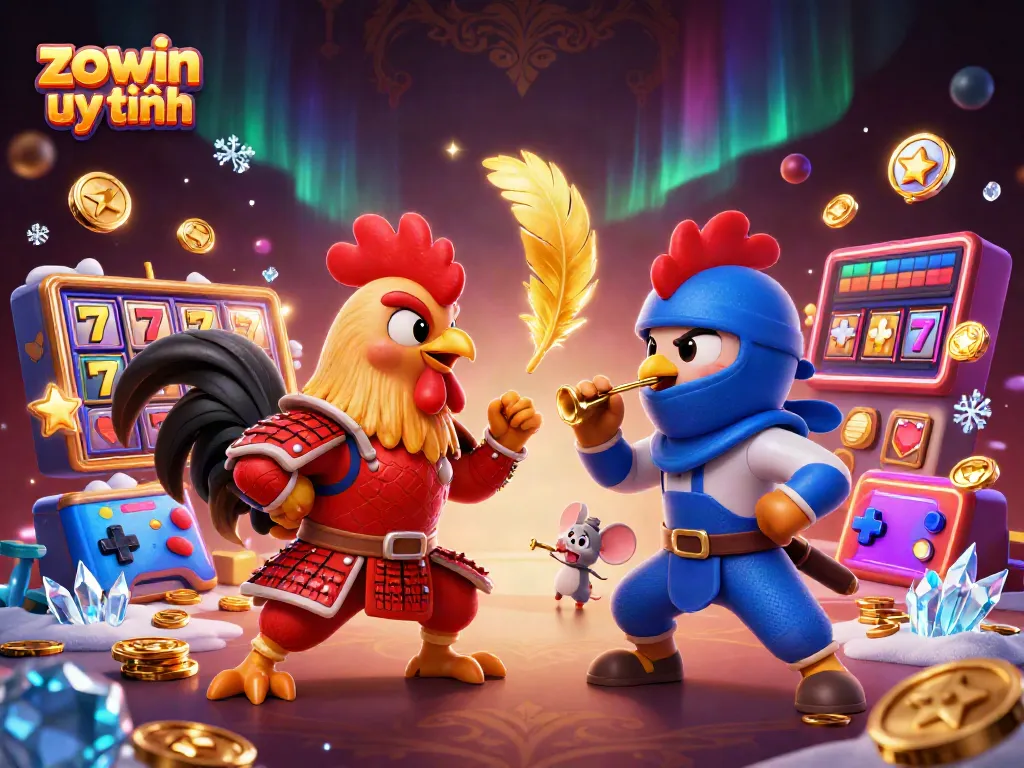Experience thrilling action with "zowin uy tín" featuring dynamic cartoon roosters battling amid casino elements.