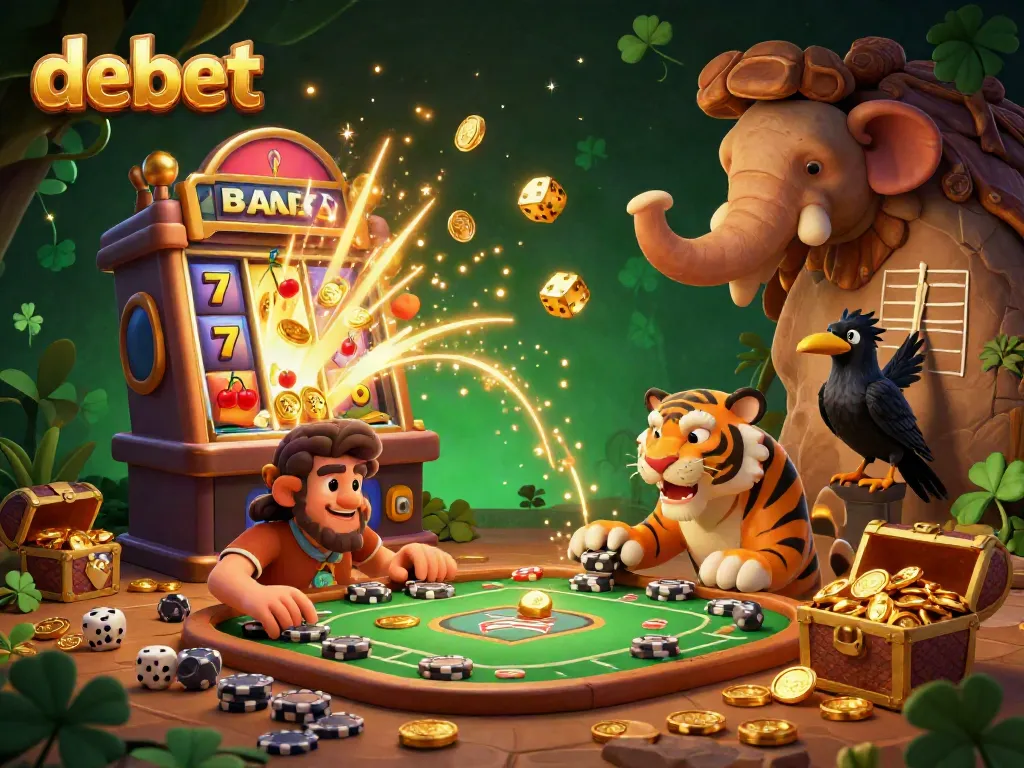 Debet showcases a thrilling prehistoric casino with caveman and sabertooth tiger under a dazzling jackpot explosion.