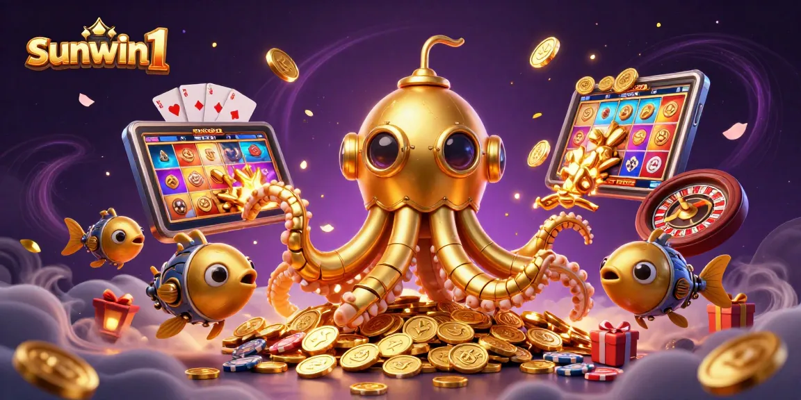 Experience thrilling gameplay with sunwin1, a vibrant 3D casino scene with a kraken submarine and slot games.