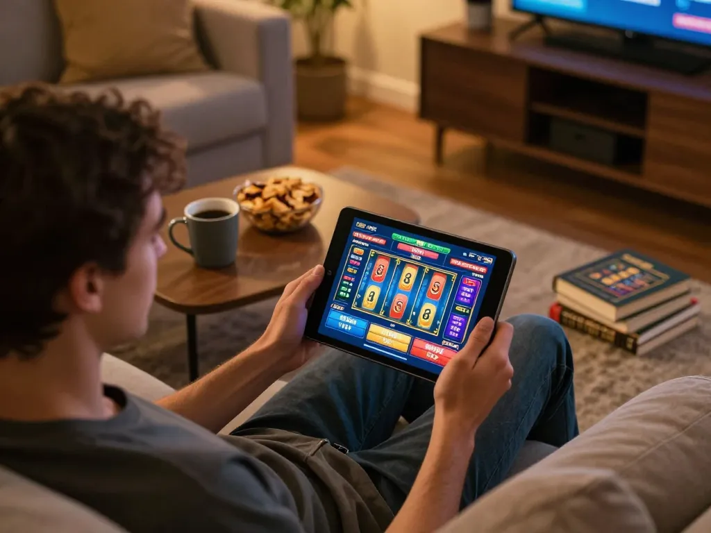 Engaging in online gaming with MM 88 on a cozy home setup, showcasing vibrant tablet gameplay.