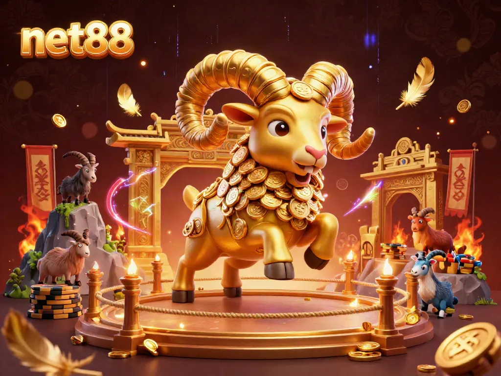Experience the thrill of net88 with a golden ram charging at the gates of an interactive betting arena.