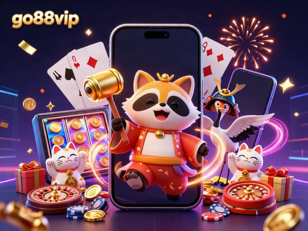 Experience the excitement of go88vip with colorful slot games and festive characters celebrating luck.