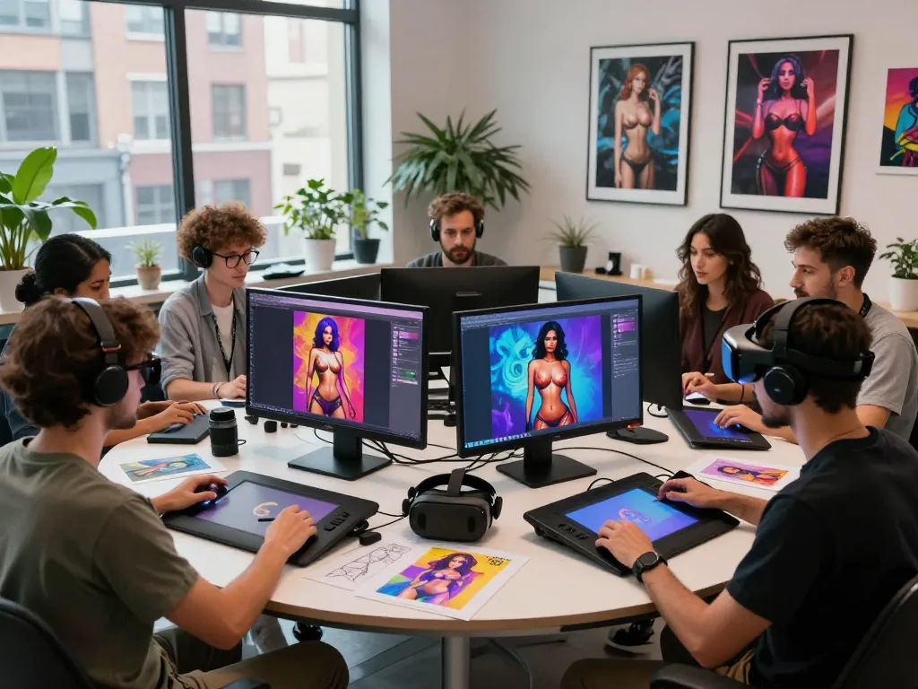 Creative team designing AI porn visuals in modern studio space.