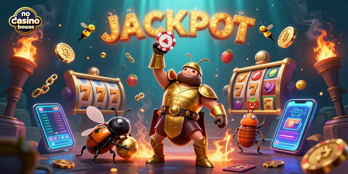 No deposit casino bonuses showcased by a heroic beetle winning at slots with gold coins and vibrant casino elements.