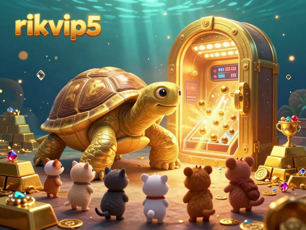 Experience the excitement of jackpots at rikvip5 with a dynamic scene of a golden tortoise pinball machine surrounded by treasure.
