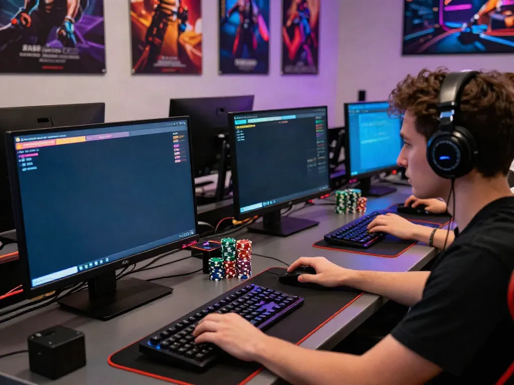 Engaged user playing at https://red88.limited/ with vibrant setup featuring multiple screens and gaming gear.