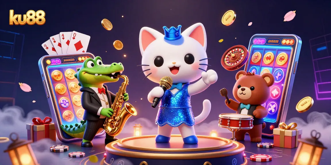 ku88 showcases vibrant casino excitement with jazz singer cat, saxophone crocodile, and drum-playing bear.