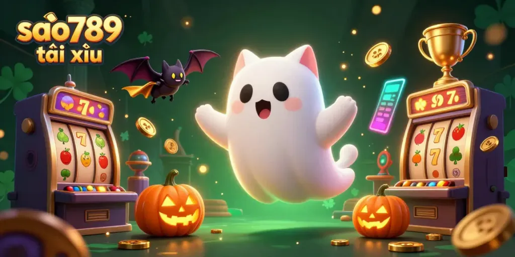 Join the action in sao789 tài xỉu with a playful ghost cat and vampire bat in a lively haunted casino atmosphere.