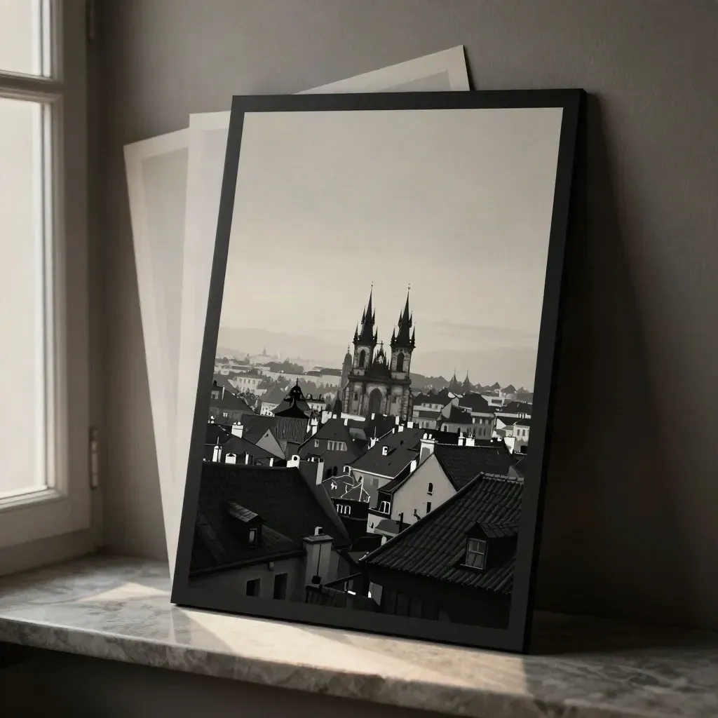 Matný černý plakát Prahy s věžemi, dvě tenké karty za ním, lehký opar a stříbřitý odlesk.