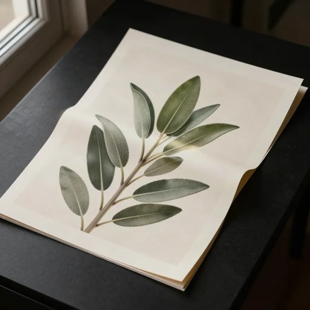 Botanický plakát Sage na černém podstavci s prohnutým archem a jemným odrazem.