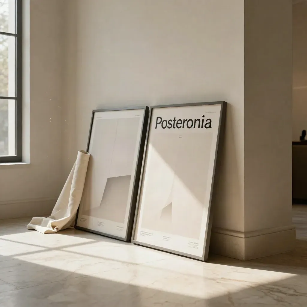 Sluncem zalitý galerijní roh s dvěma rámy u zdi a klidnou mramorovou podlahou.