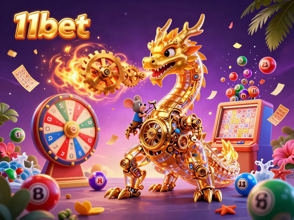 Engage with 11bet’s vibrant 3D illustration showcasing a golden dragon, colorful lottery balls, and casino excitement.