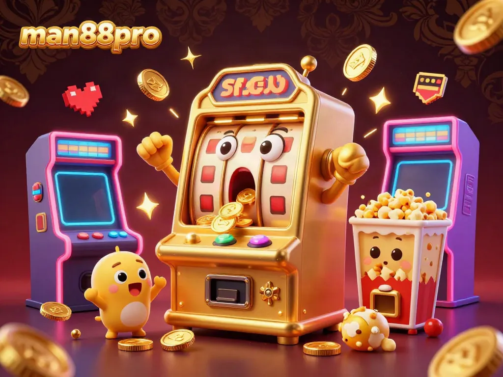 Experience the thrill at man88pro with an animated jackpot scene featuring golden slot machines pouring coins, showcasing excitement in gaming.