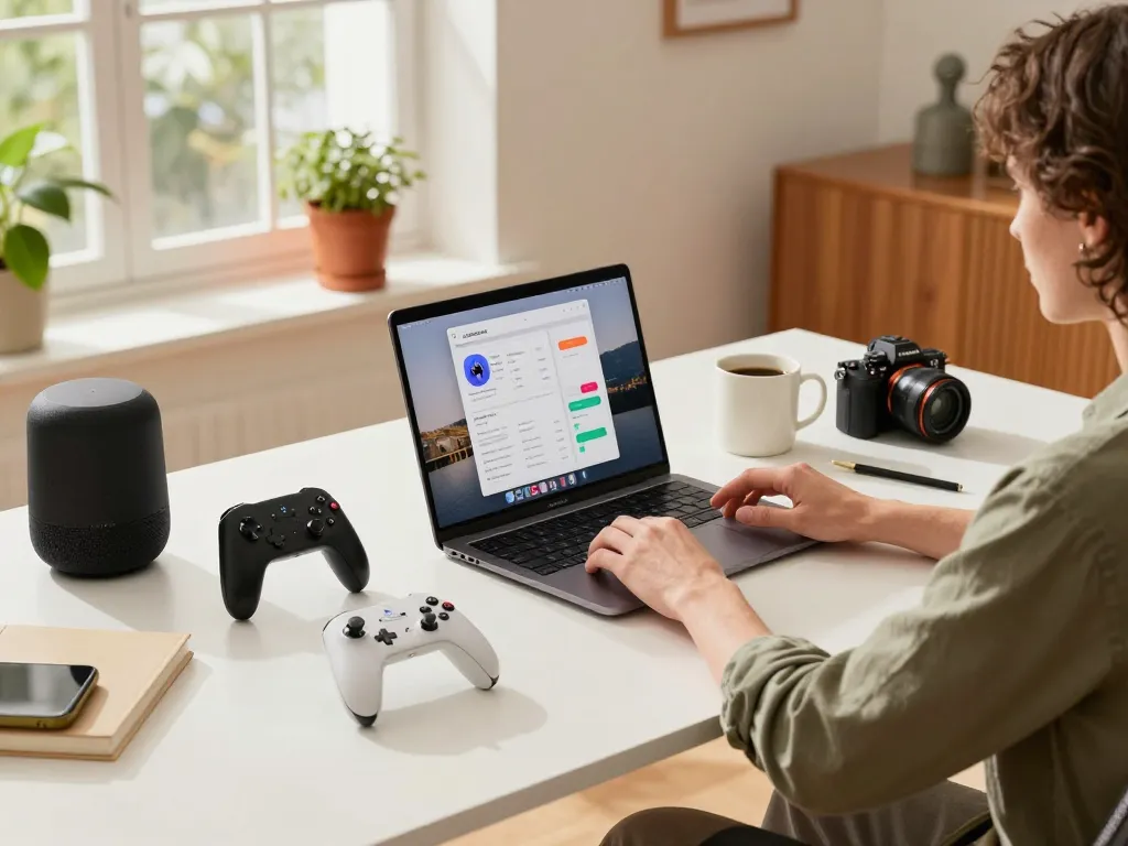 Showcasing innovative tech gadgets in a modern home office with stylish decor.