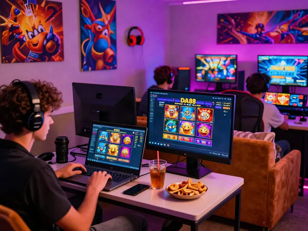 Player enjoying DA88's thrilling slot games in a vibrant gaming setup.