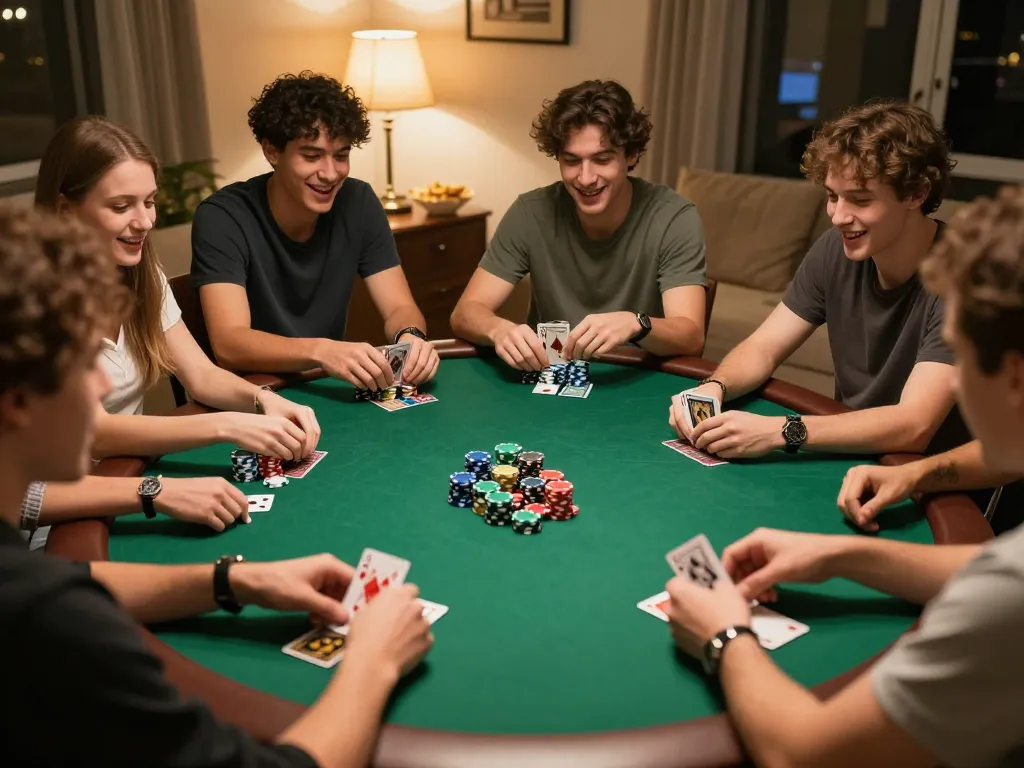 Friends enjoying a lively poker night, showcasing strategic gameplay and camaraderie at 79KING.