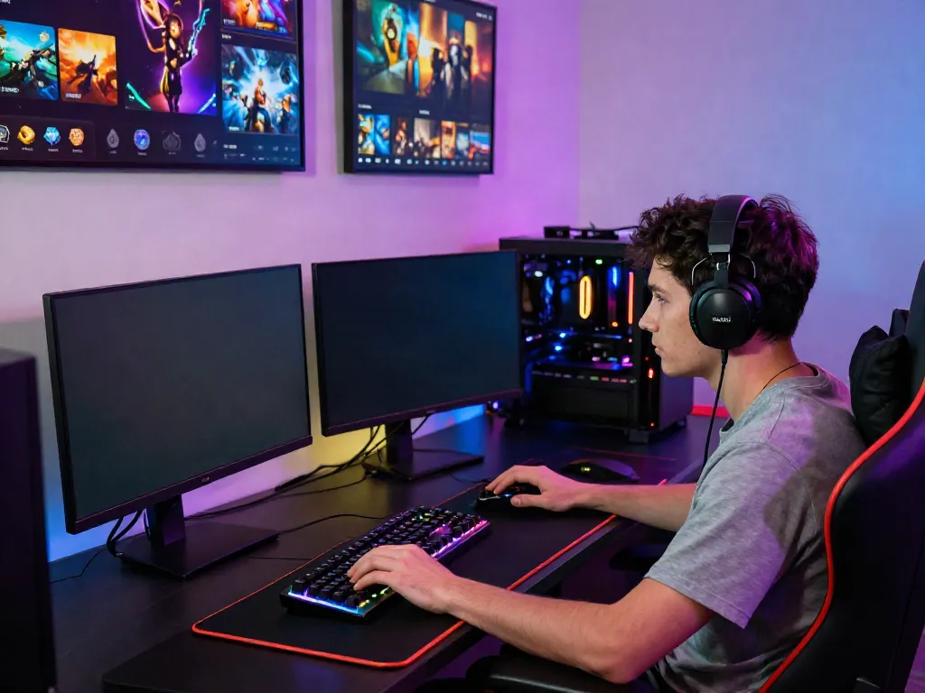 Online gaming setup featuring intense player action at https://manclub1.jp.net/ with vibrant neon lighting and advanced gaming gear.
