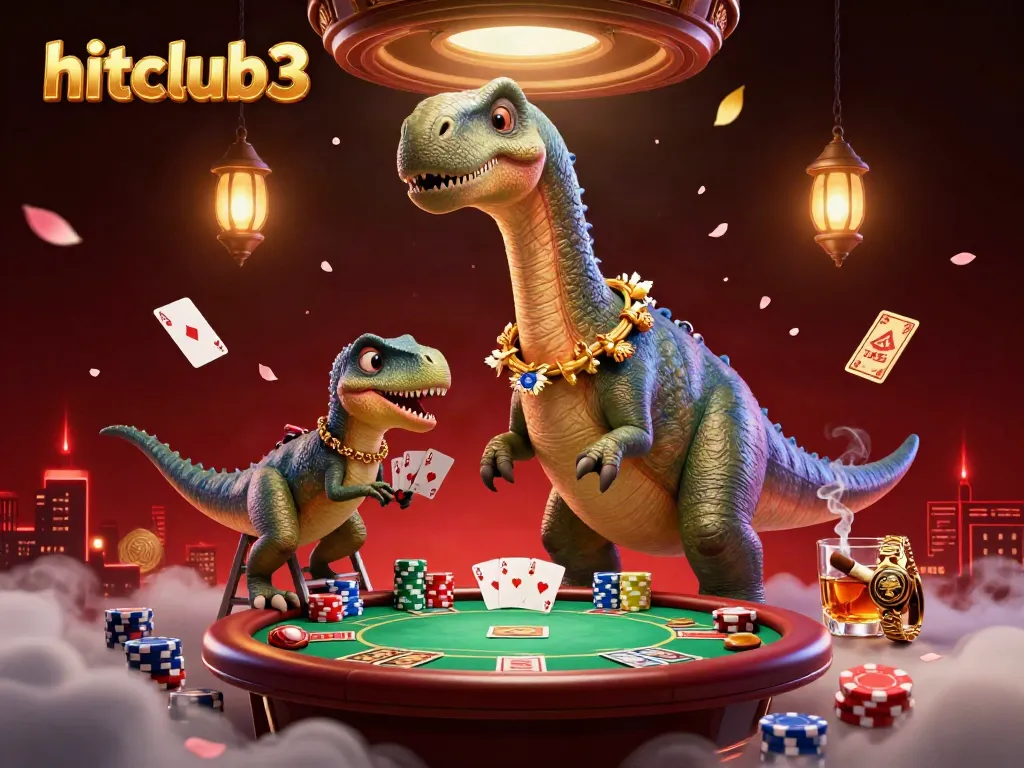 Hitclub3 gamblers enjoying a whimsical casino scene with a dinosaur and raptor dealer, poker elements scattered around.