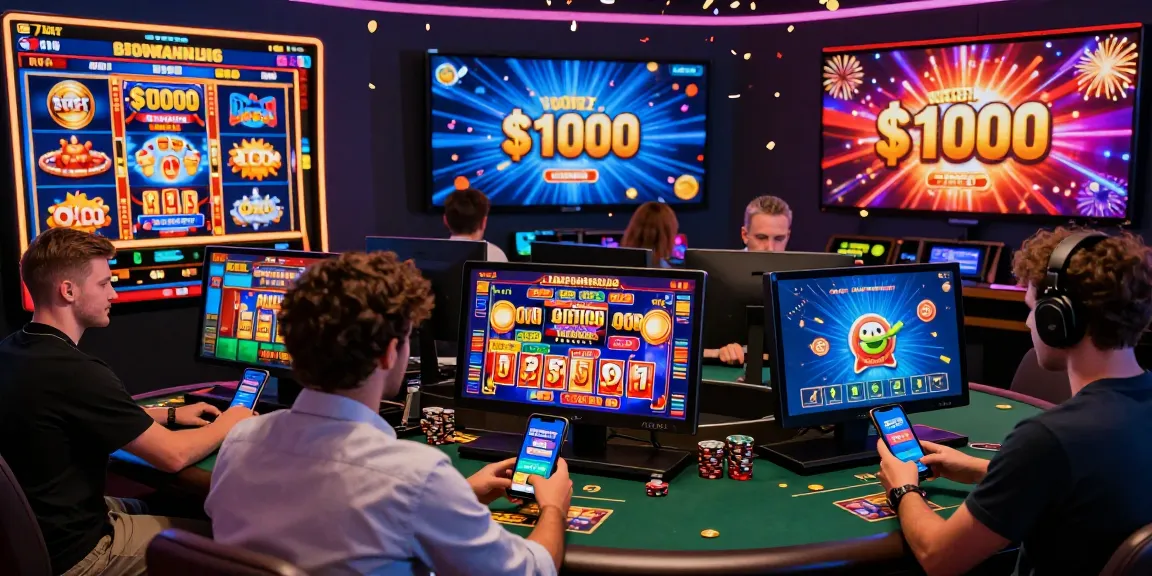 Scena coinvolgente di giocatori che si divertono con una varietà di giochi nei migliori casino non AAMS, caratterizzata da grafica vivace e bonus entusiasmanti.