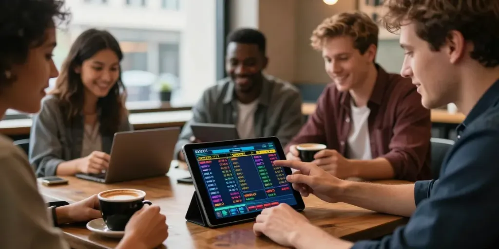 Exciting online betting action at https://fabet.com.mx/ with diverse players engaging with sports odds in a vibrant café.