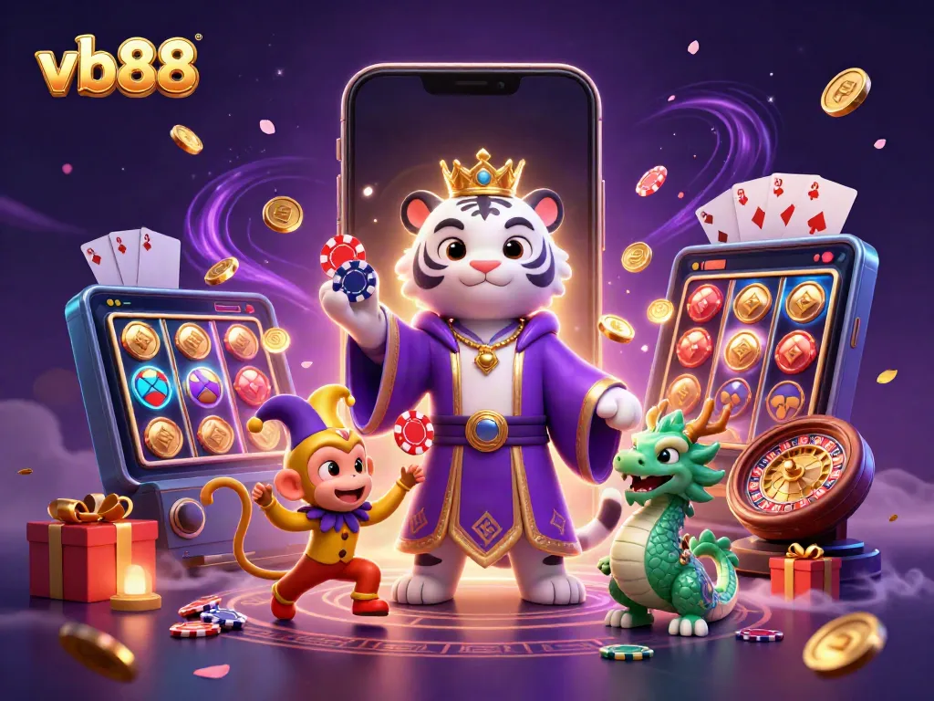 Witness the exciting gaming action at vb88 with a vibrant illustration featuring a royal tiger and playful monkey amidst casino elements.