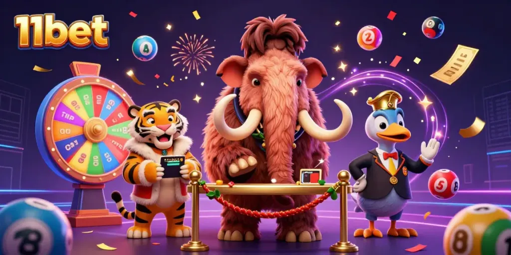 Experience the thrill of betting at 11bet with a colorful casino scene featuring interactive characters.