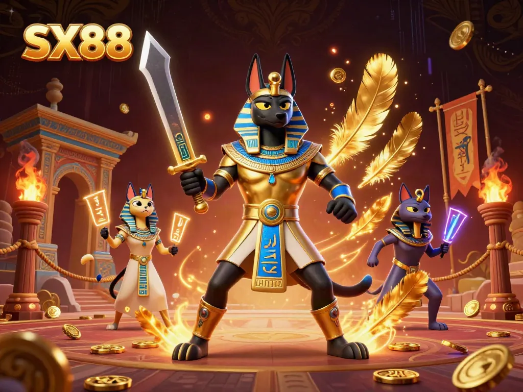 Experience the thrill of SX88 with Anubis and Bastet amidst captivating casino elements.