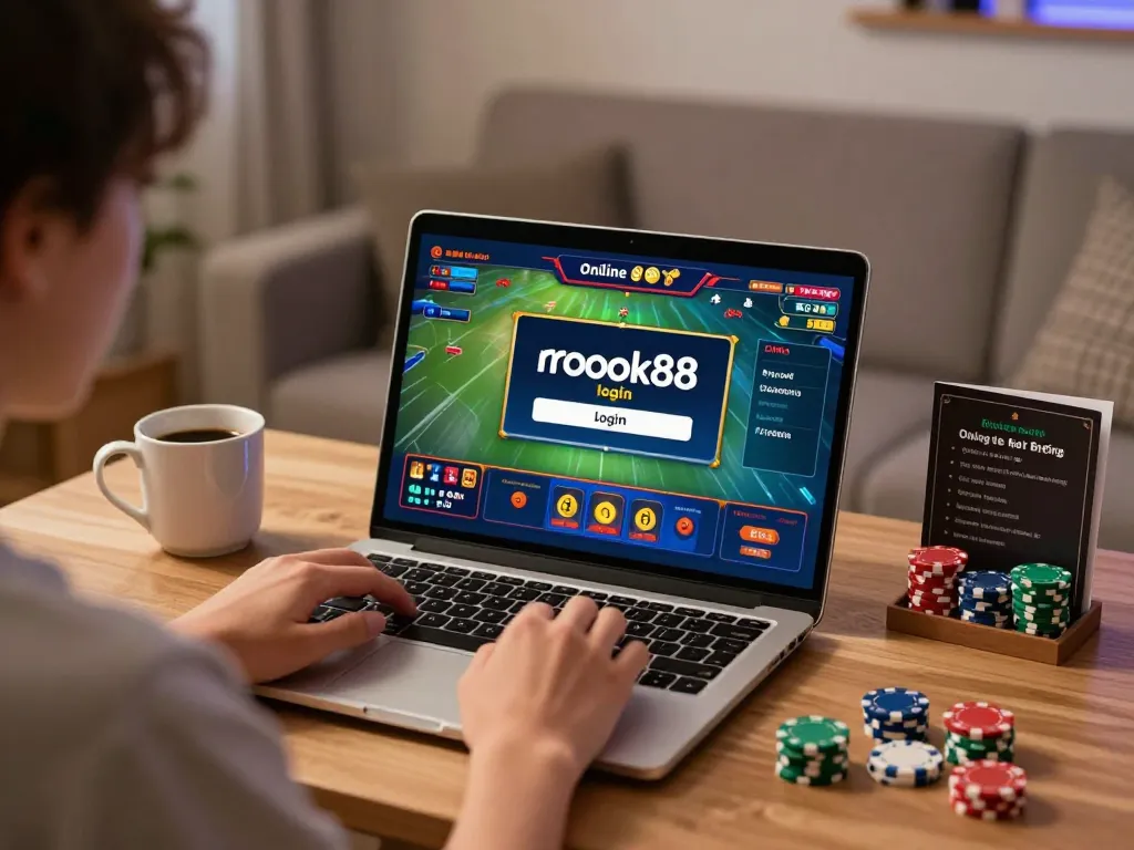 Berkecimpung dalam rokok88 slot login di laptop yang menampilkan antarmuka kasino online.