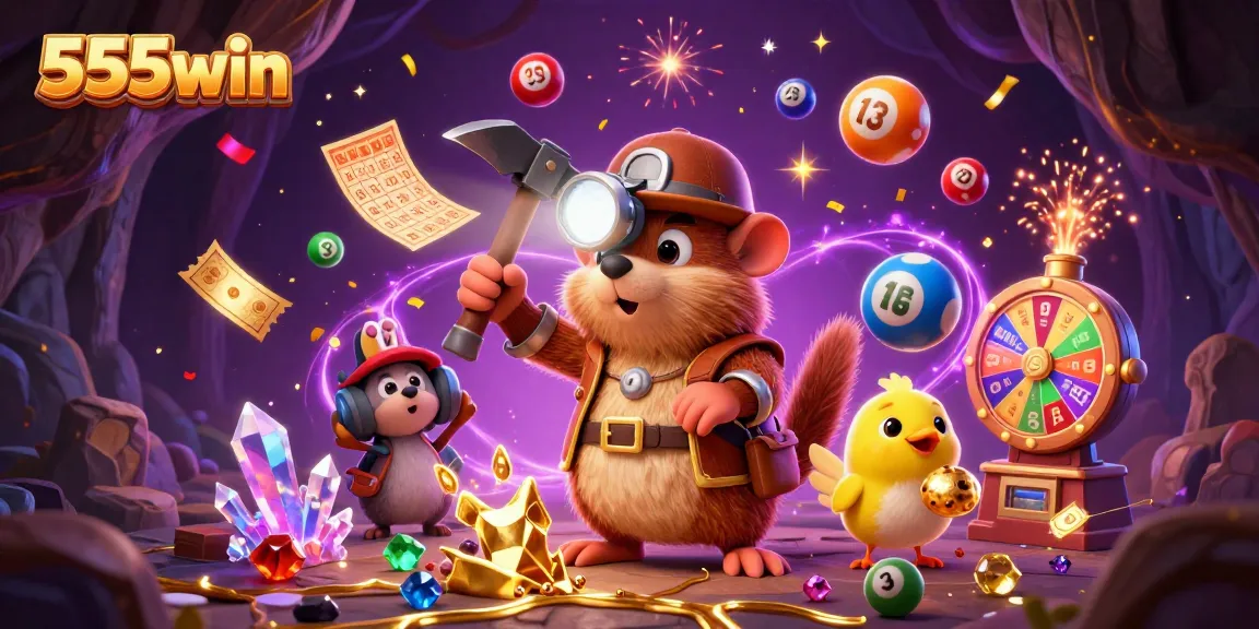 Experience excitement at 555win with a treasure-hunting mole and colorful lottery elements.