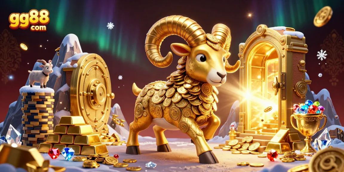 Experience thrilling gameplay at gg88 com, featuring a golden ram among treasures and vibrant casino elements.