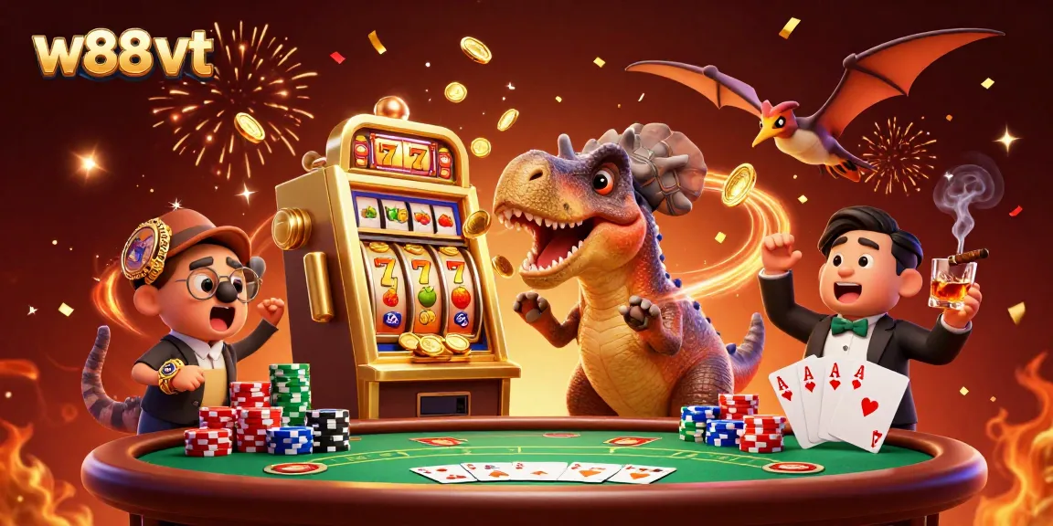 Các nhân vật W88 VT, bao gồm khủng long cartoon đang đầu nhưng máy slot, và quản lý ankylosaur với xúc cảm sợ hãi.