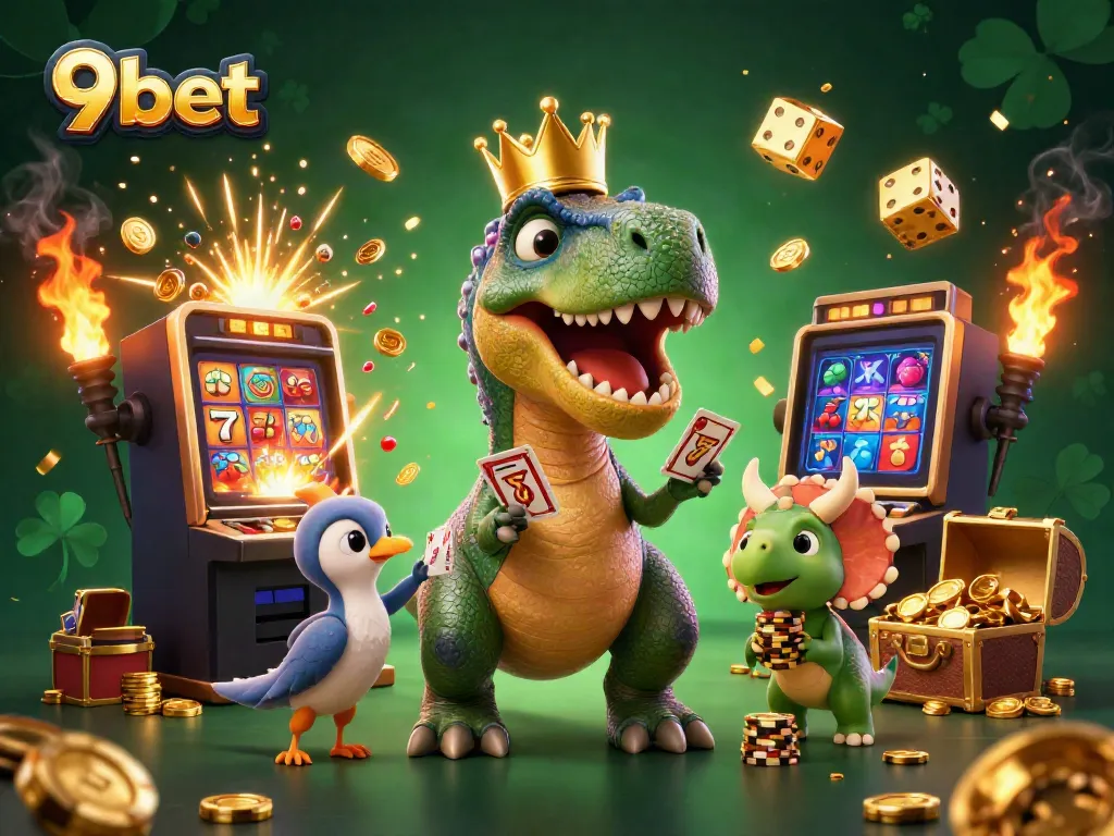 Engaging scene capturing the excitement at 9bet with cartoon dinosaurs navigating a casino game