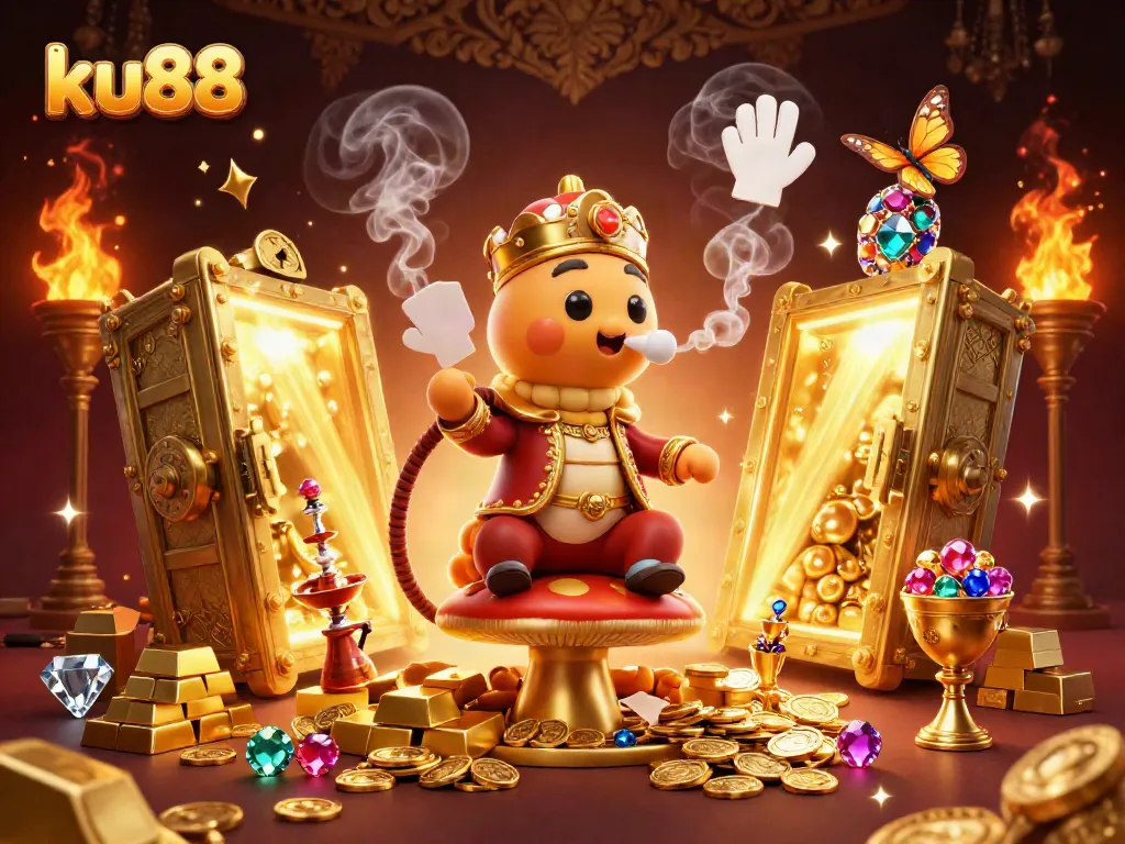 Experience the excitement of ku88 with vibrant characters amidst golden treasures and casino elements.