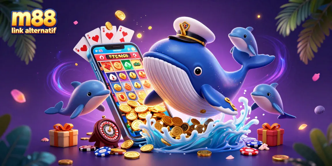 Win prizes with m88 link alternatif in an exciting 3D cartoon-themed casino illustration.