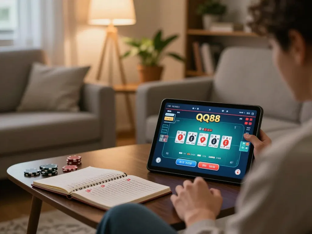 Engaging online poker gameplay on QQ88 with warm home ambiance and strategy notes.
