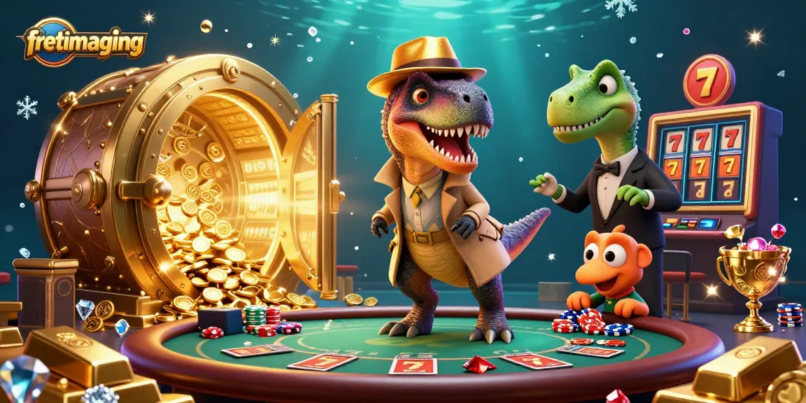 Experience fretimaging in an animated casino scene with cartoon dinosaurs engaged in thrilling blackjack.