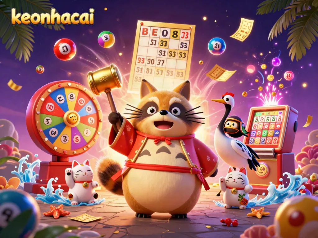 Experience the excitement of keonhacai with vibrant characters and engaging lottery elements.